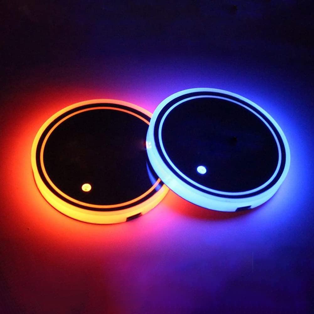 LED Car Cup Holder Lights, 7 Colors Changing USB Charging Coaster Waterproof Cup Pad, LED Interior Atmosphere Lamp Decoration Inside Car Lighting Accessories (2Pcs) (Style 1)