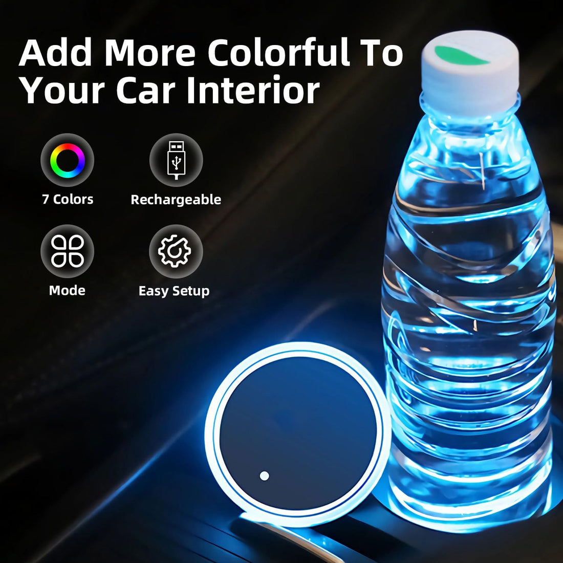 LED Car Cup Holder Lights, 7 Colors Changing USB Charging Coaster Waterproof Cup Pad, LED Interior Atmosphere Lamp Decoration Inside Car Lighting Accessories (2Pcs) (Style 1)