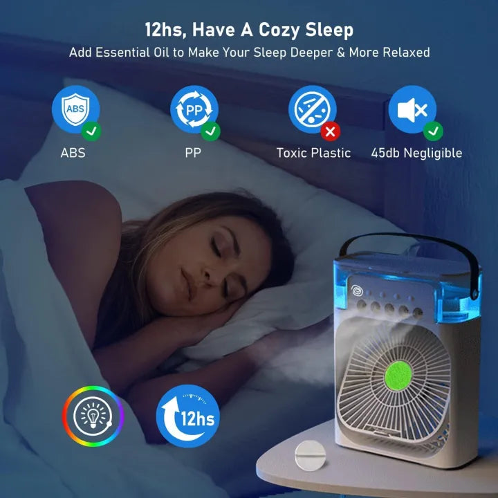 3-in-1 Mini Portable Air Cooler – Portable AC with Humidifier & LED Light | USB Powered Cooling Fan Best For Home and Office