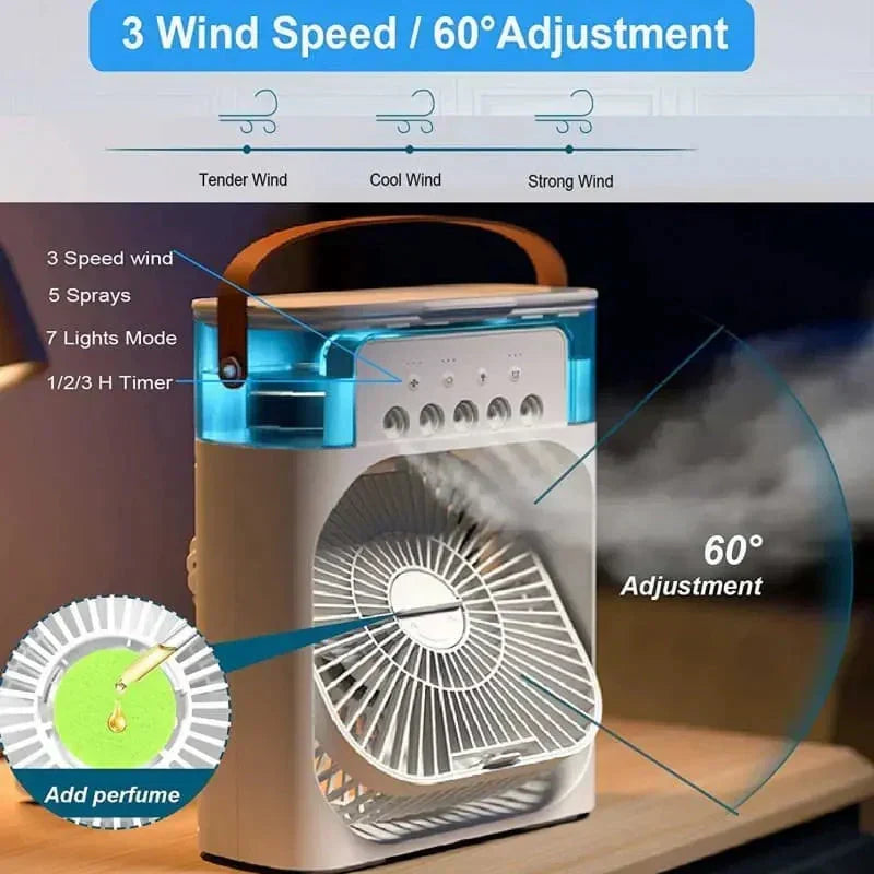 3-in-1 Mini Portable Air Cooler – Portable AC with Humidifier & LED Light | USB Powered Cooling Fan Best For Home and Office
